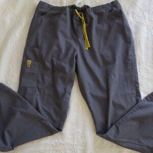 Grey scrub pants with yellow accents Sz XL "Spread Good Cheer" brand
